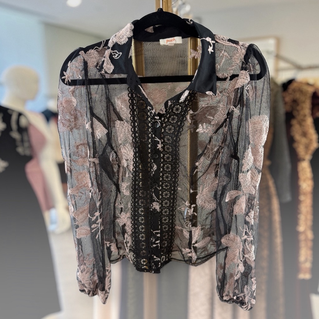 Floral Lace-Trim Sheer Blouse - Black & Pink
